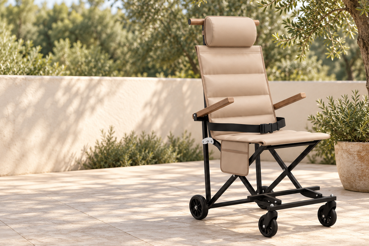 Rollvaya folding chair in sand beige on a terrace — illustrative image